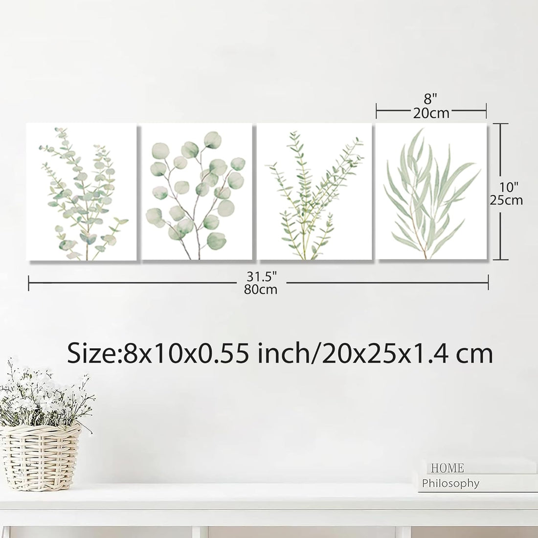 Botanical canvas set displayed above a bathroom sink