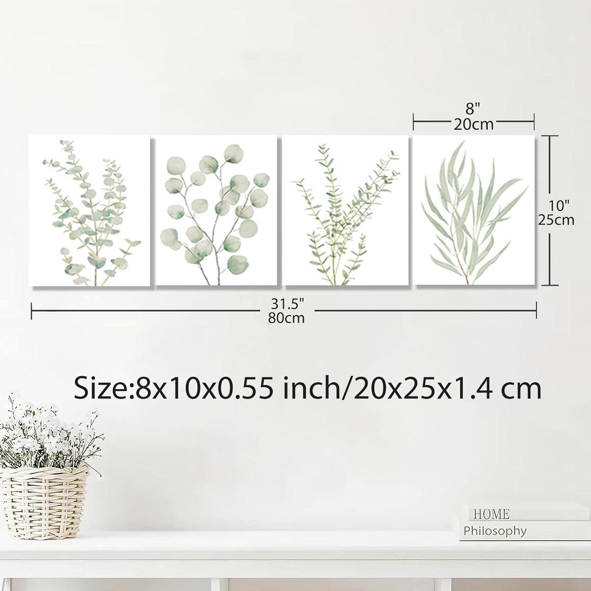 Botanical canvas set displayed above a bathroom sink