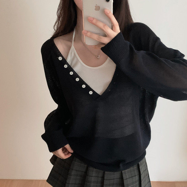 Women Autumn V-Neck Button Long-Sleeve Knit Top