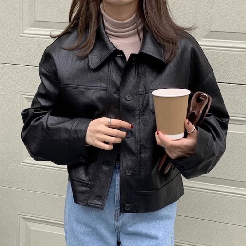 Women?s Vintage PU Leather Jacket Short Slim Fit Polo Collar Coat