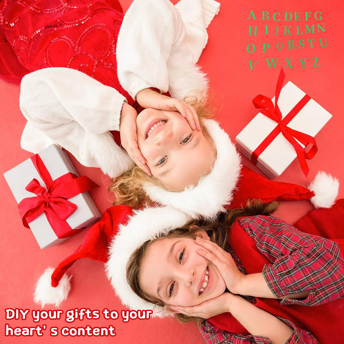 Two girls in Santa hats smiling with Christmas gifts