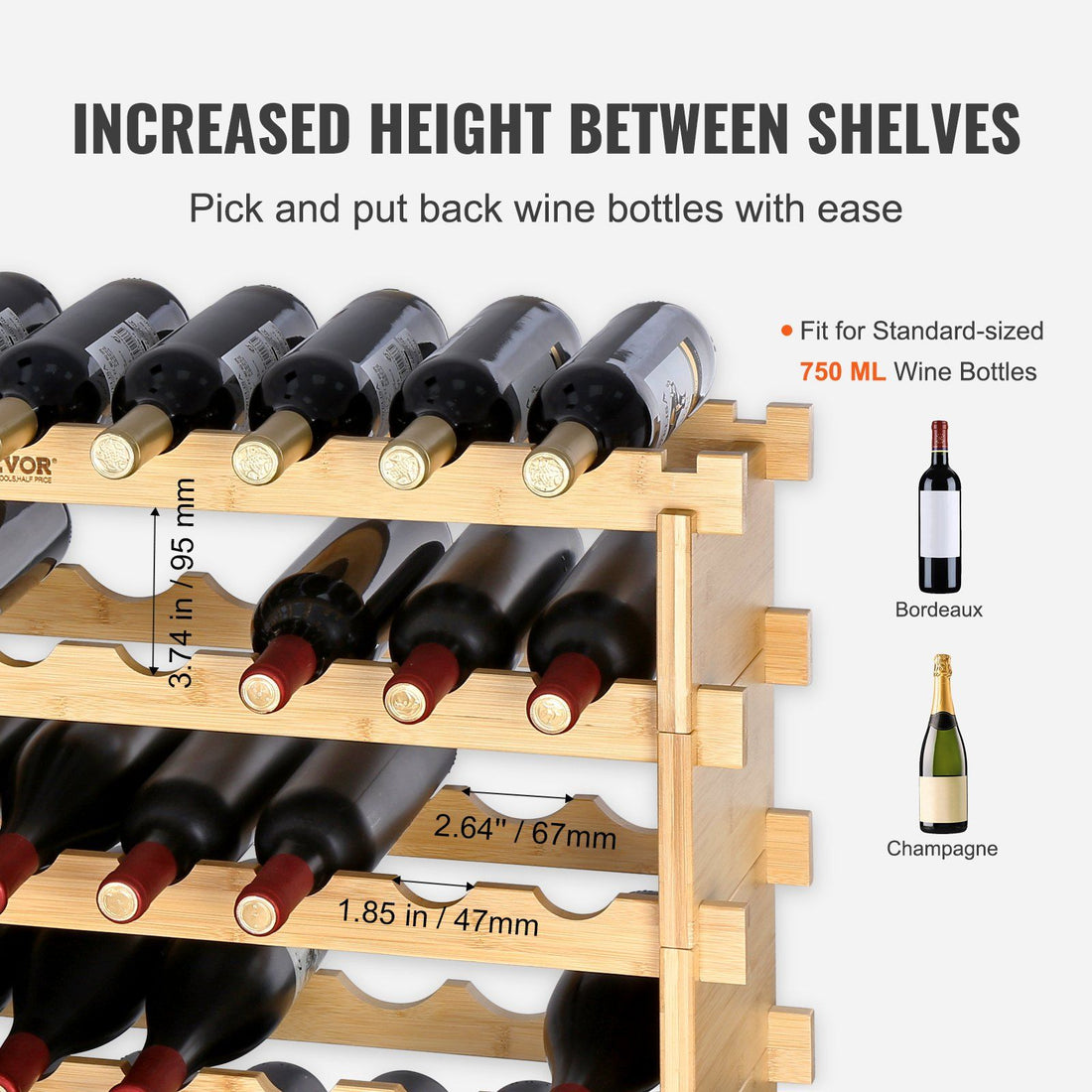 Stackable bamboo wine rack with multiple tiers visible