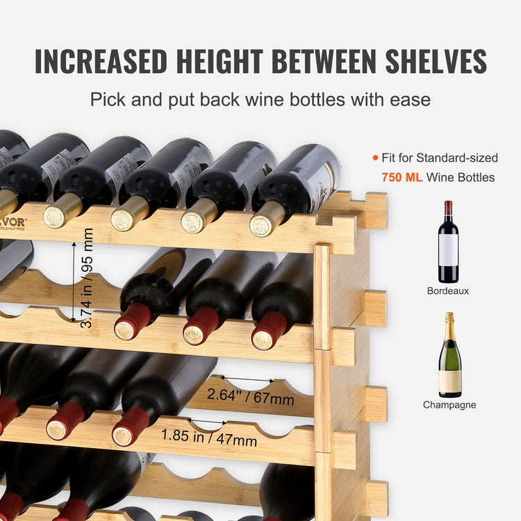Stackable bamboo wine rack with multiple tiers visible