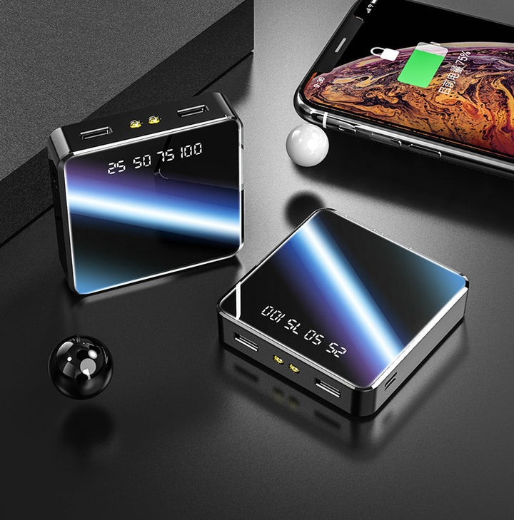 Power bank with multiple output ports visible for charging several devices