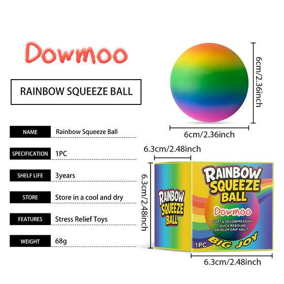 Rainbow squeeze ball spec chart with 6 cm ball and box dimensions