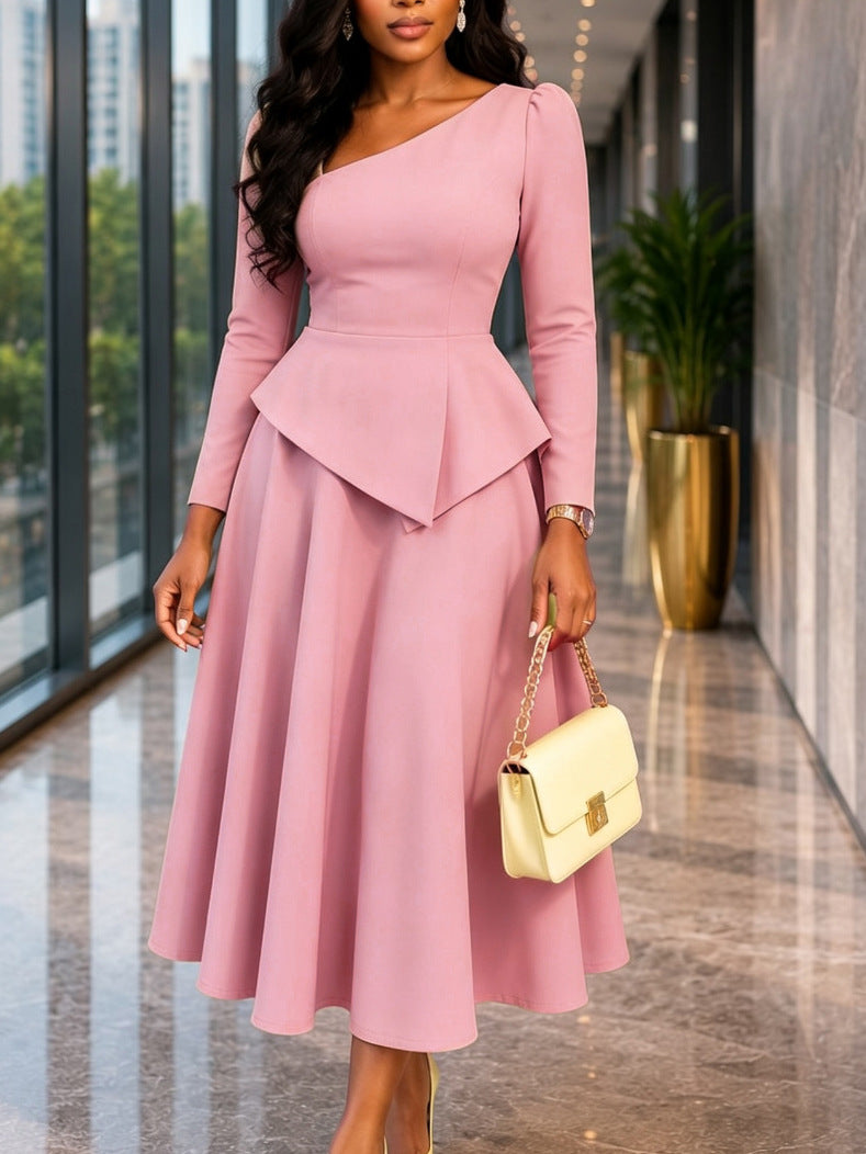 Women's slanted neckline ruffled waist long sleeve midi dress, photo 1