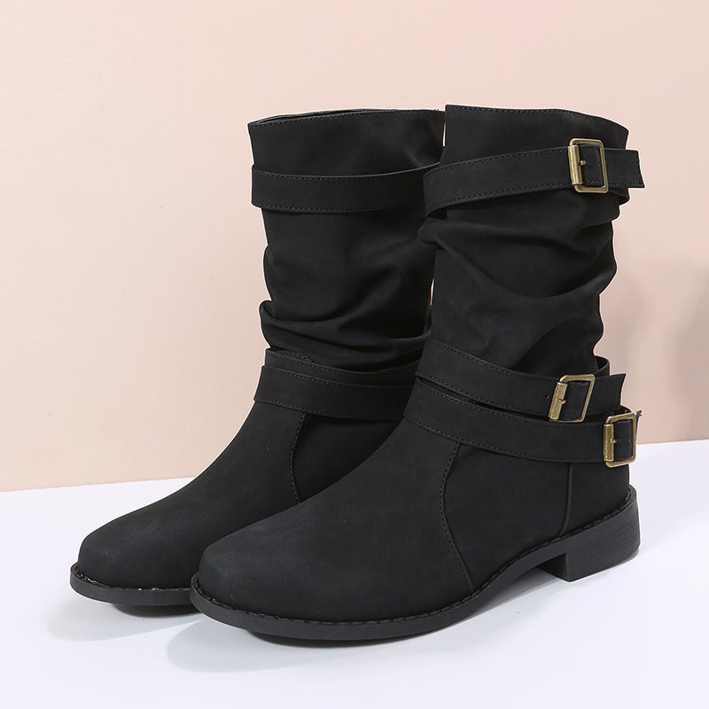 Womens Round Toe Flat Heel Sheepskin Mid Calf Boots