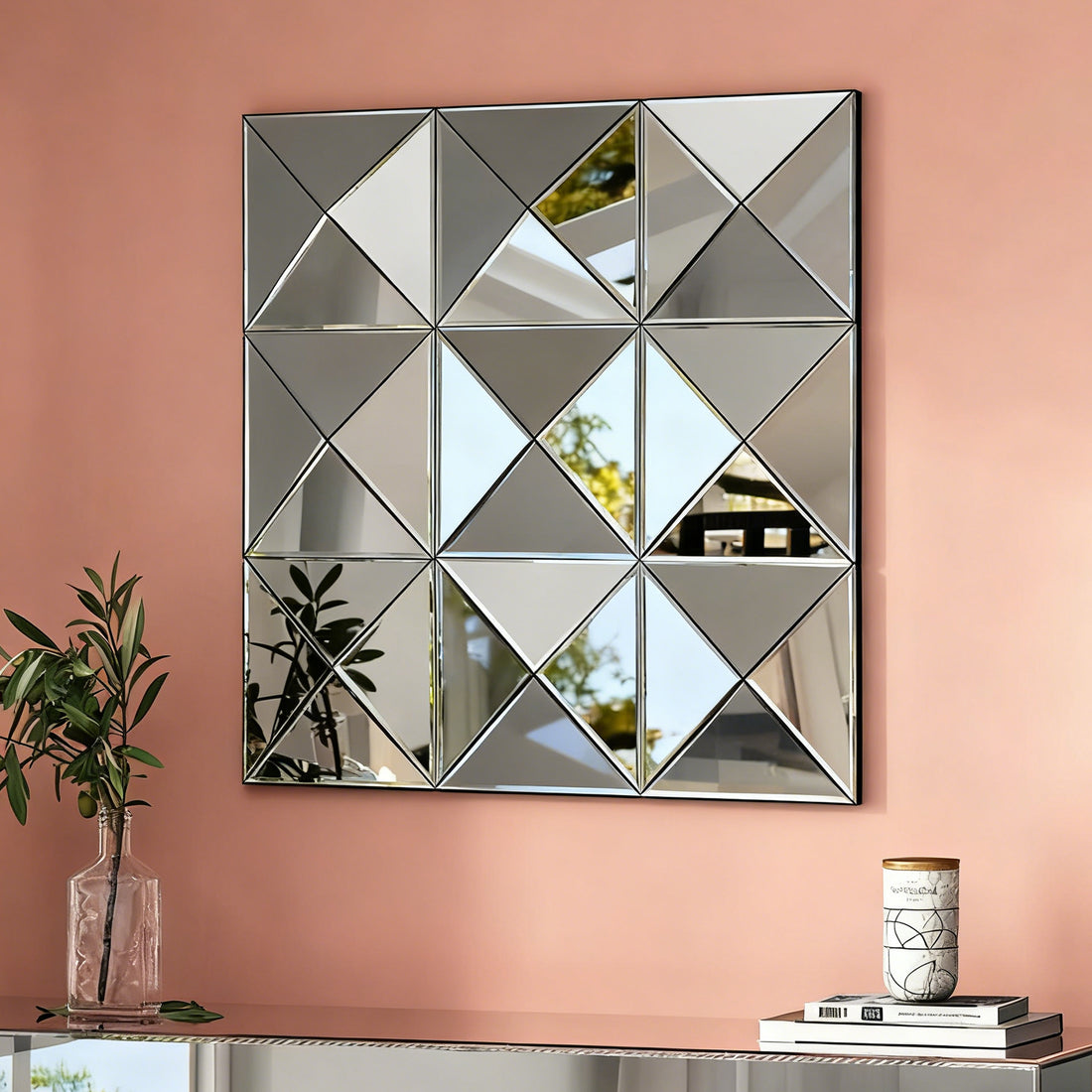 Close-up of beveled edge glass catching light