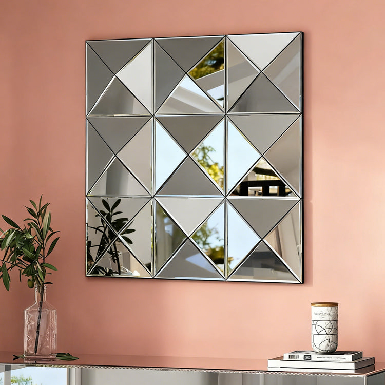 Close-up of beveled edge glass catching light