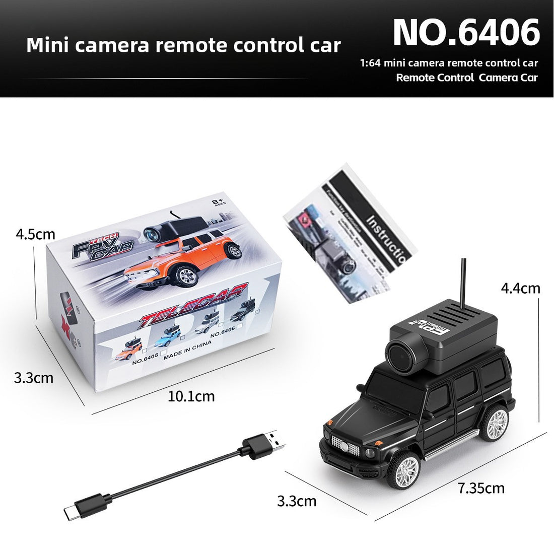1:64 mini remote control car, black, FPV