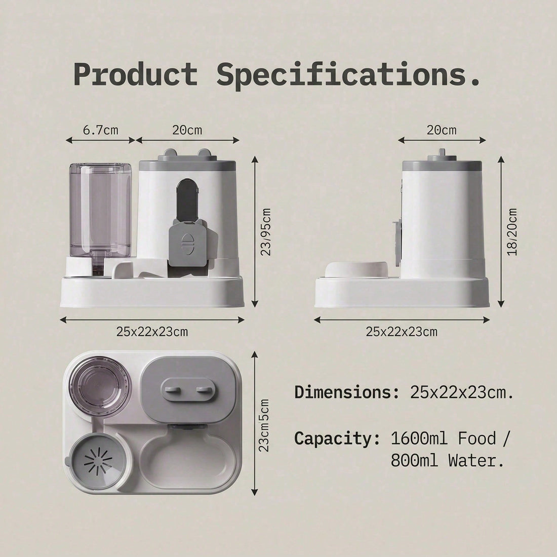Gravity pet feeder dimensions, about 25 x 22 x 23 cm