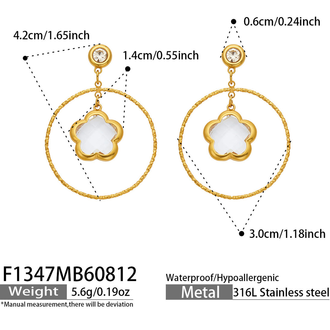 Large circle flower-shaped glass stone long earrings