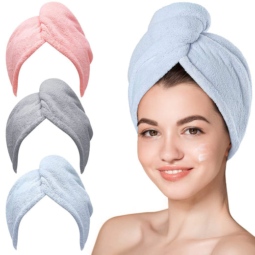 Microfiber turban hair towel with a self-securing twist-and-tuck closure at the crown