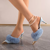 Womens Fur Pointed Toe High Heel Slippers