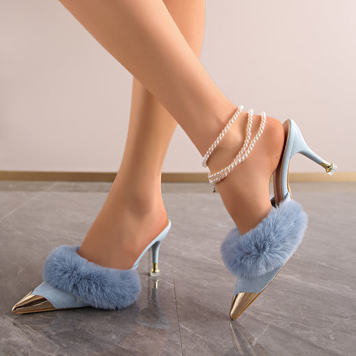 Womens Fur Pointed Toe High Heel Slippers