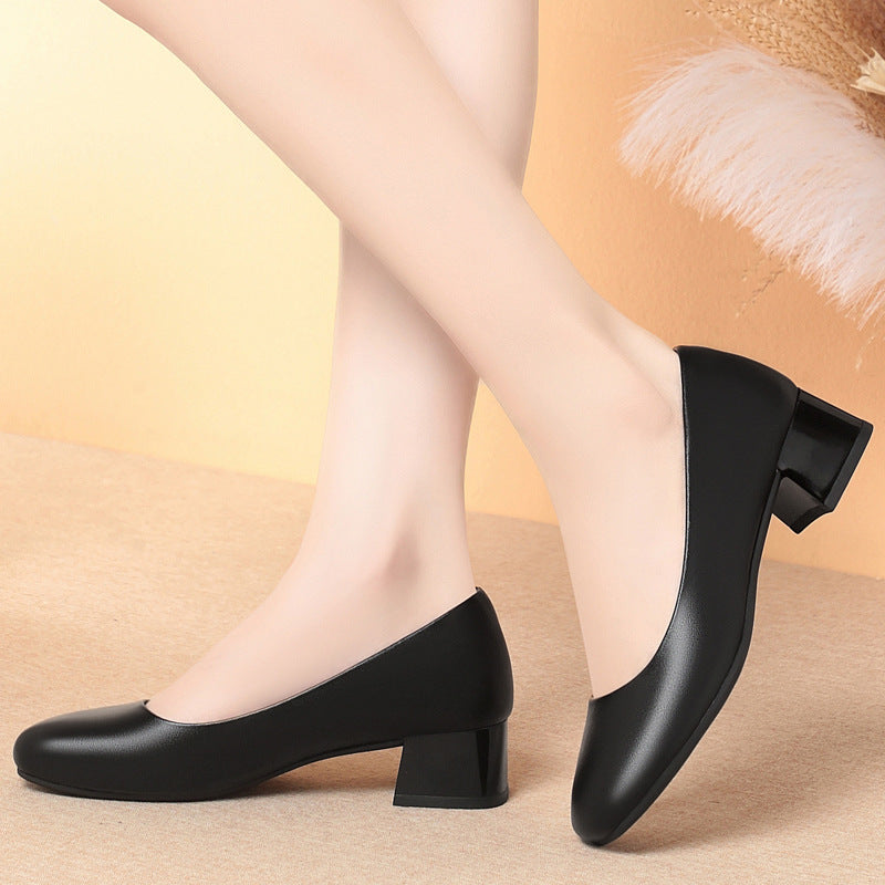 Black Leather Thick Heeled Shoes
