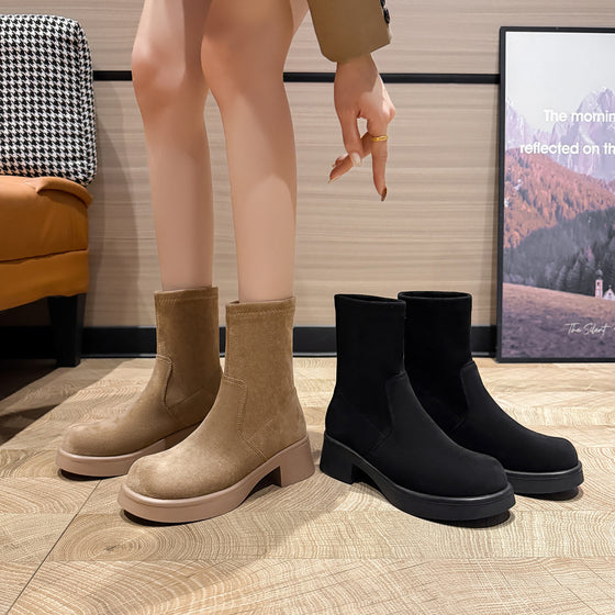 Women's Suede Ankle Boots Retro Round Toe Chunky Heel Riding Boots