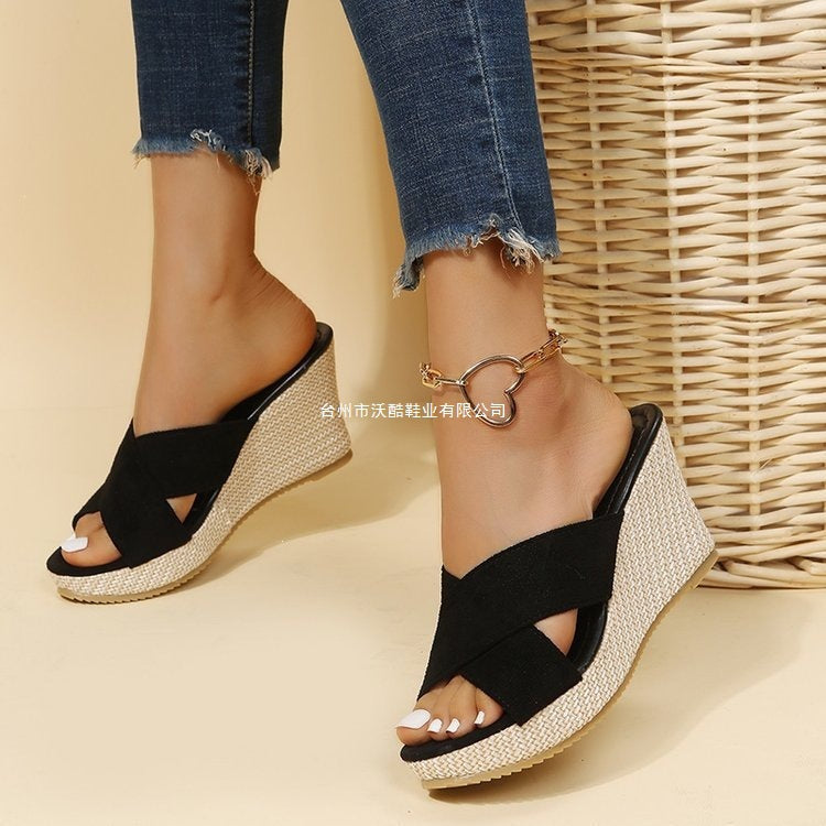 Platform rope thick-soled chunky heel slipper with flat sole