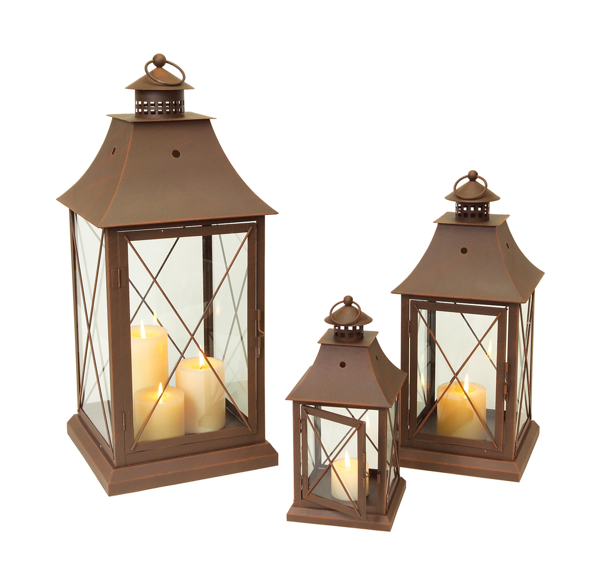 Metal & Glass Lanterns, Set of 3 (11.5-24 in, Tapered)