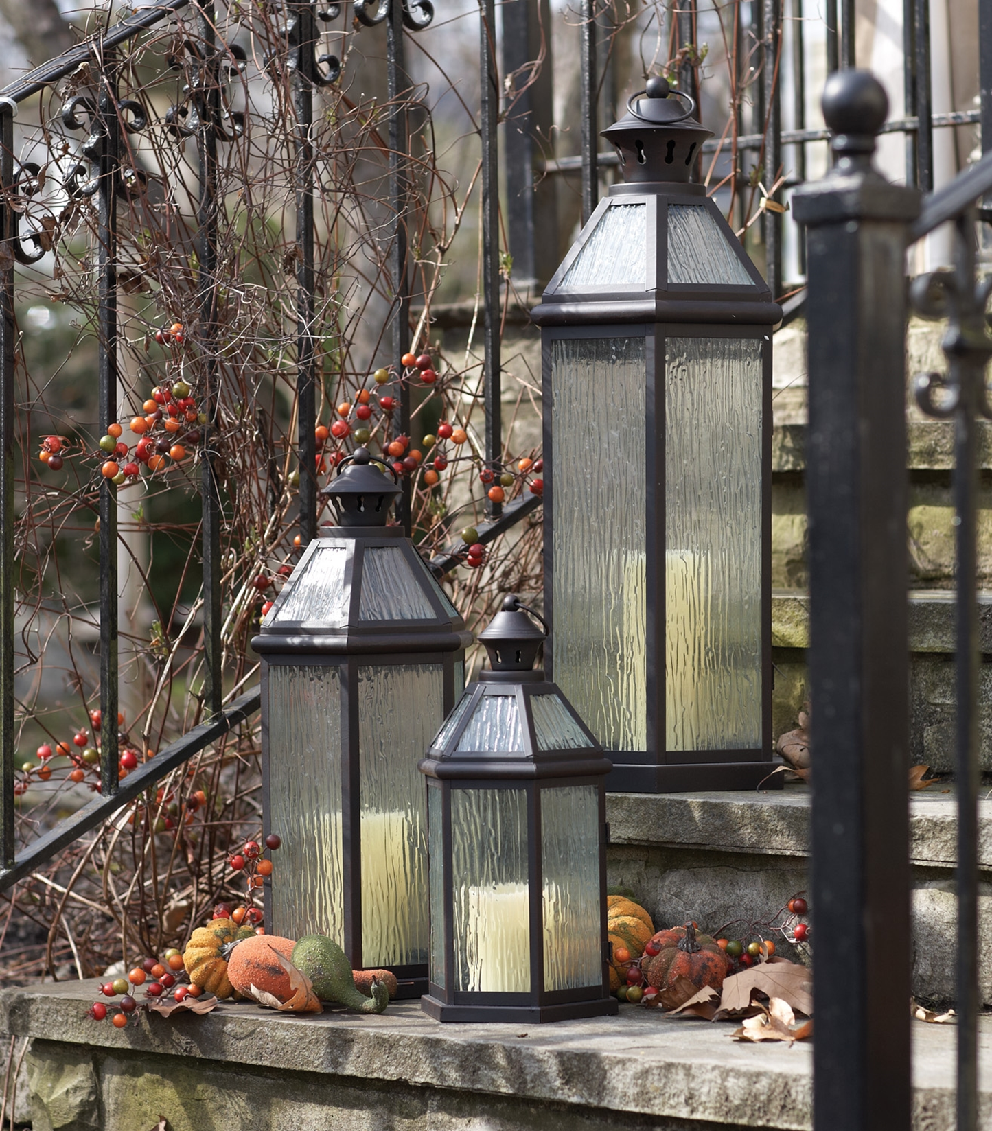 Metal & Glass Lanterns, Set of 3 (15-27.5 in, Tall)