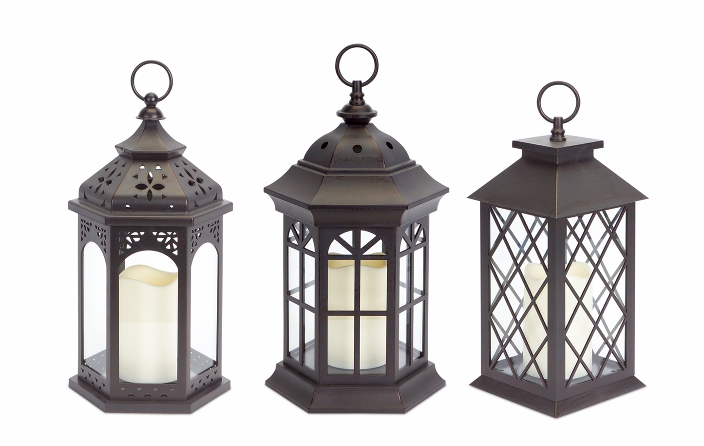 Lanterns with LED Candle & Timer, Set of 3 (13 in)