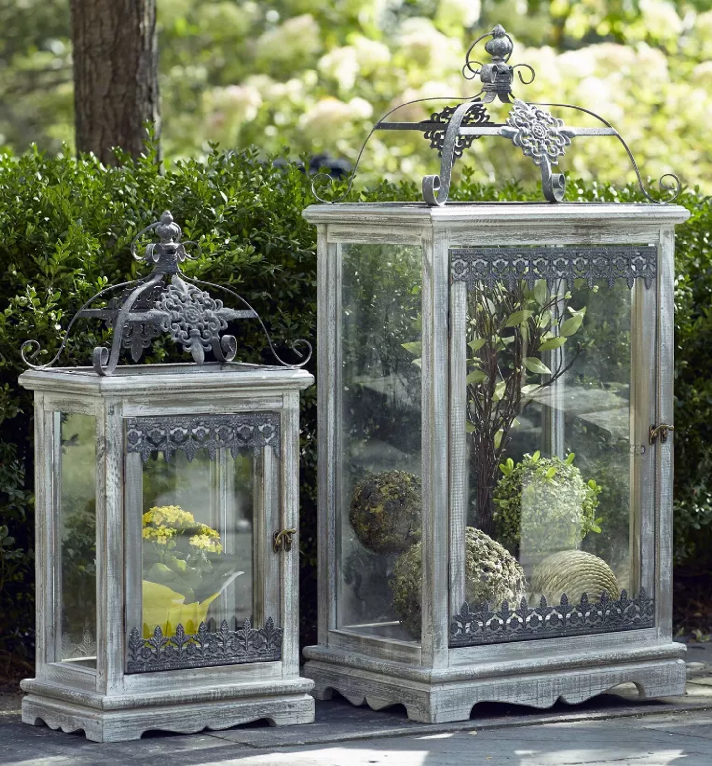 Wood, Metal & Glass Lanterns, Set of 2
