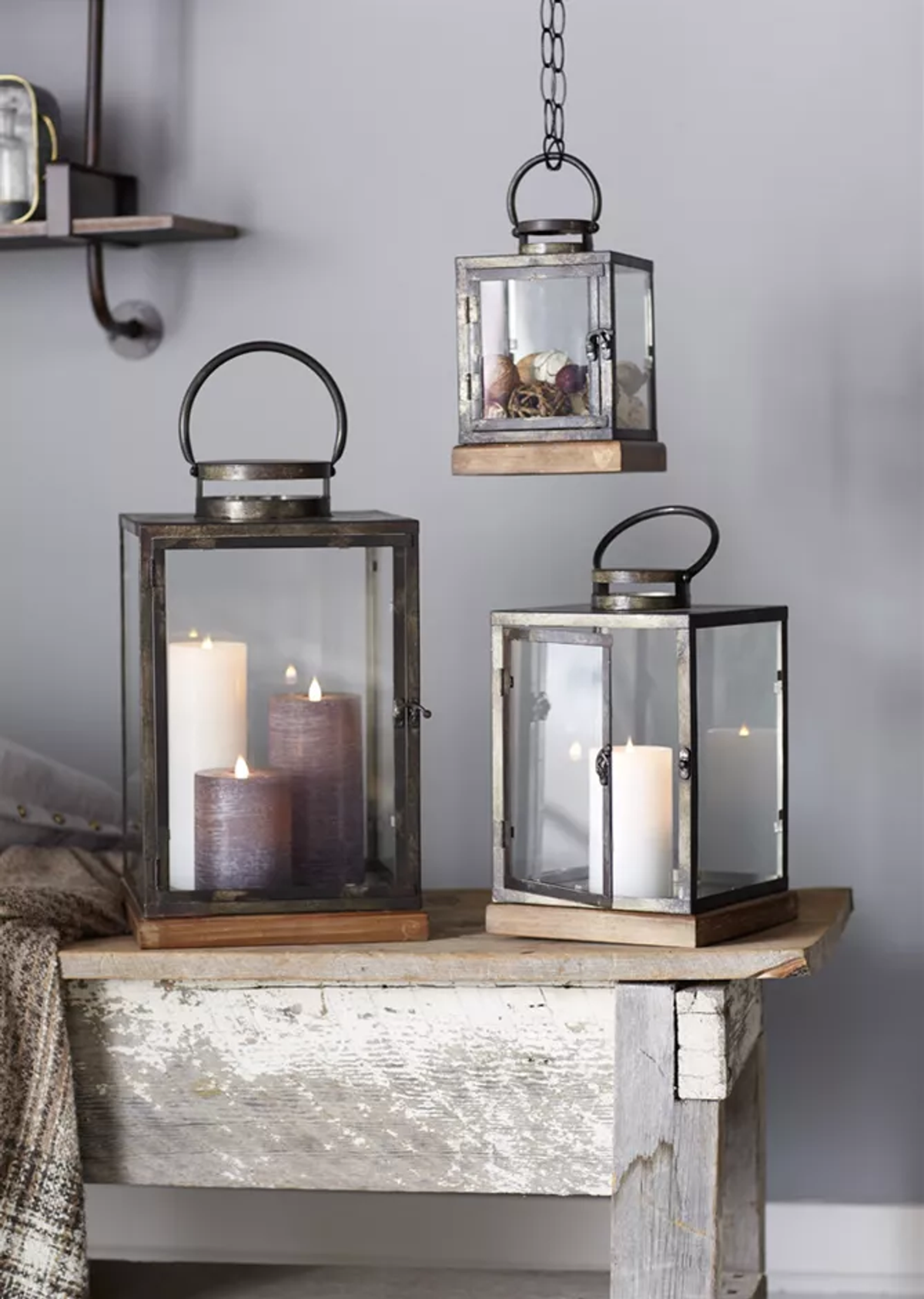 Metal, Glass & Wood Lanterns, Set of 3 (12"H, 16.5"H, 21.5"H)