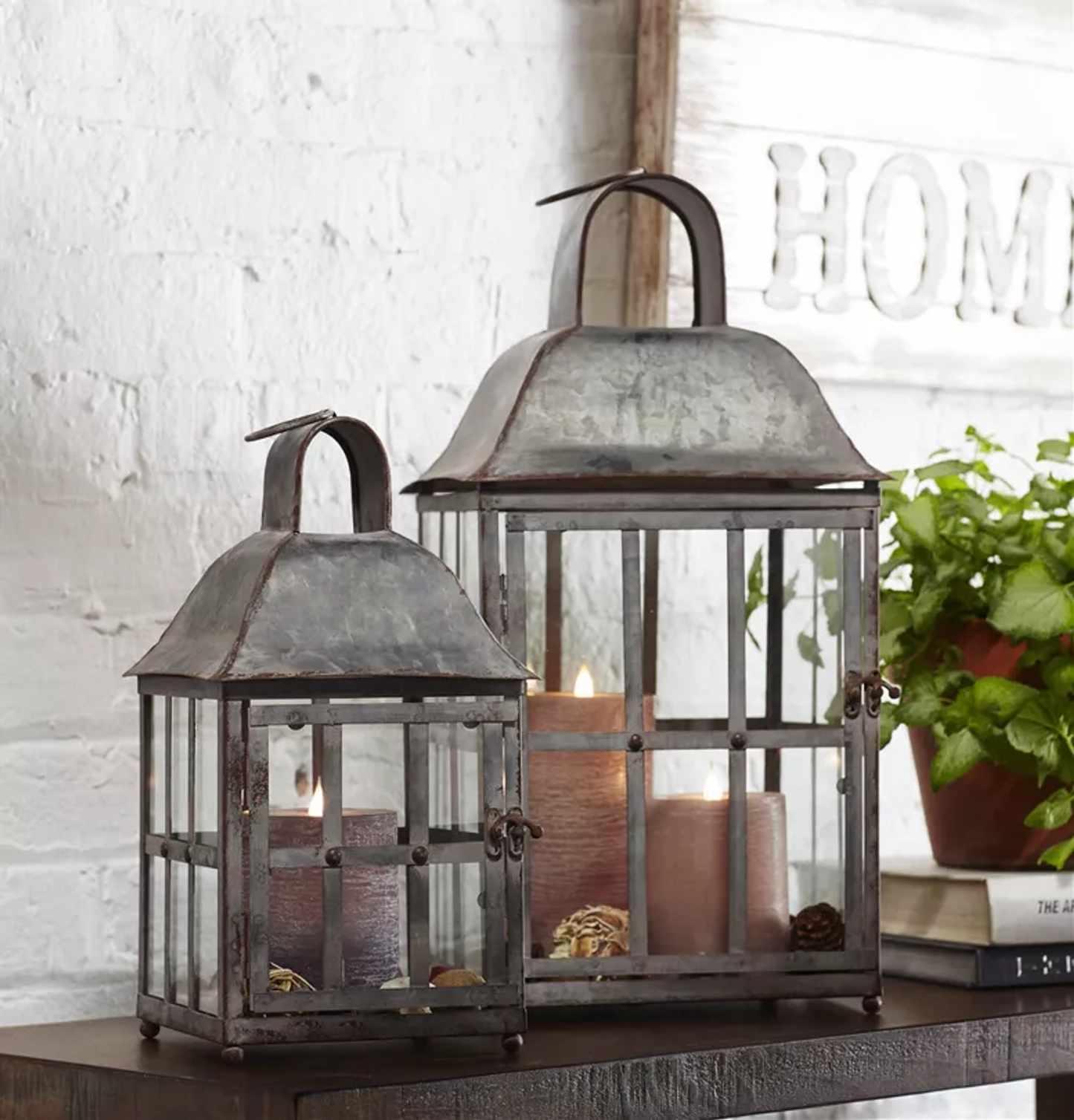 Metal & Glass Lanterns, Set of 2 (14"H, 20.25"H)