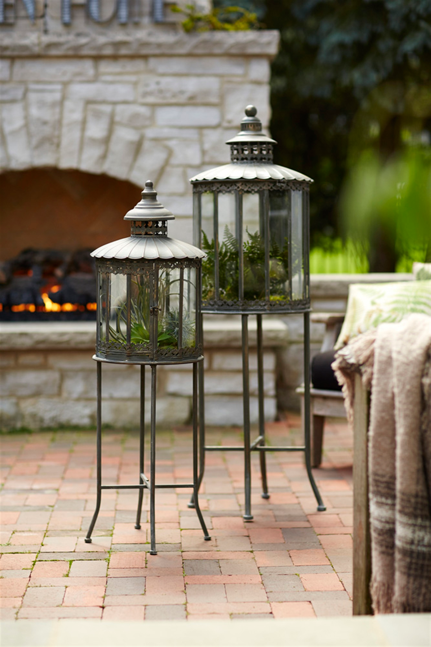 Metal & Glass Lanterns with Stand, Set of 2 (32"H, 53"H)