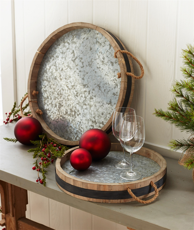 Wood & Metal Wine Barrel Serving Tray, Set of 2