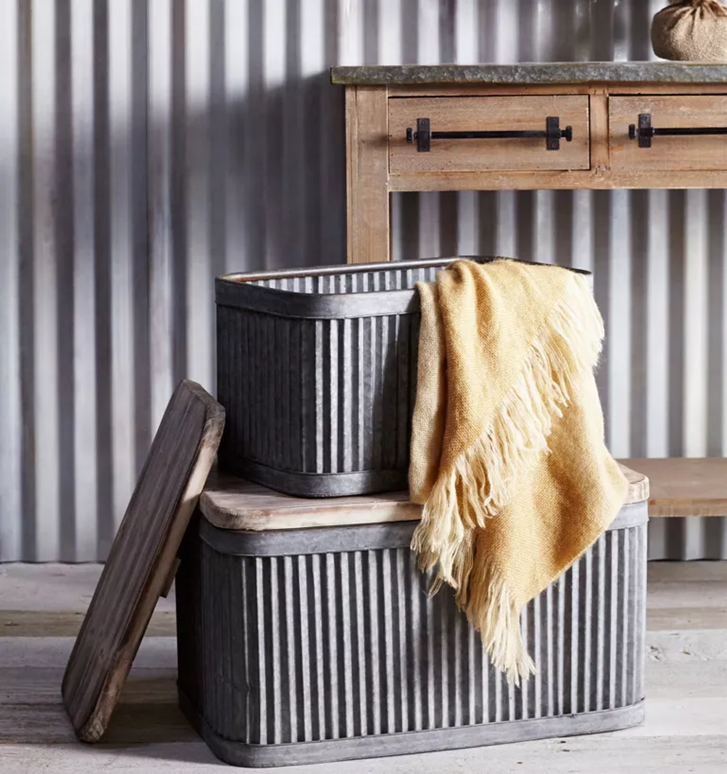 Metal Tub with Wood Top, Set of 2