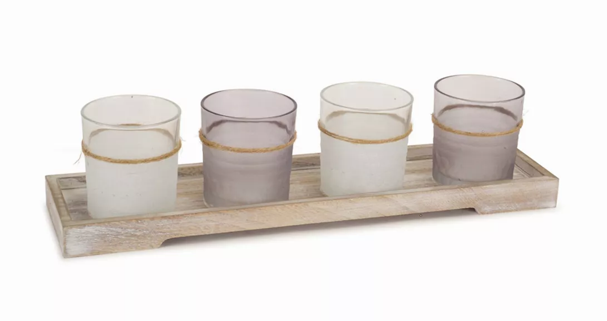 Candle Garden (Set of 2) 3.25"H Glass, includes Tray 15"L Wood