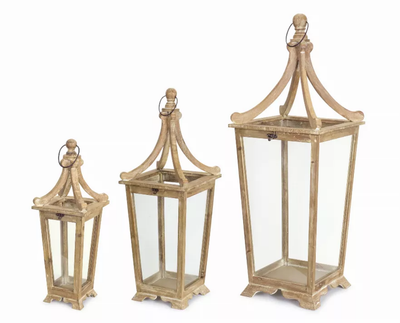 Melrose Wood & Glass Lanterns, Set of 3