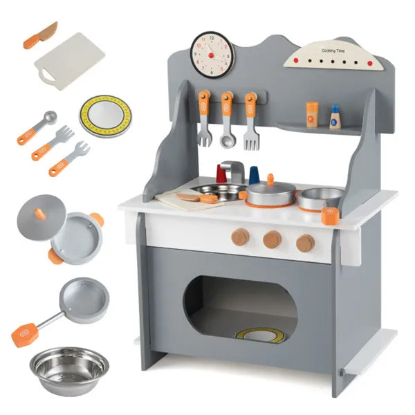 Wooden play kitchen shown in a nursery playroom setting
