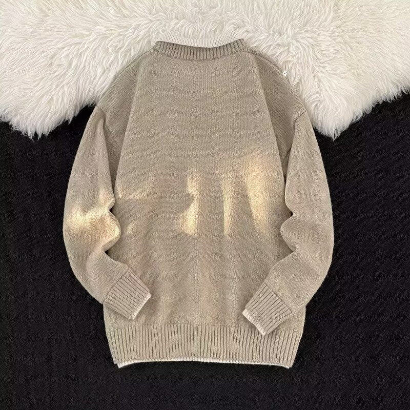 Men's V-Neck Fake Two-Piece Knitted Sweater Slim Fit Long Sleeve Pullover