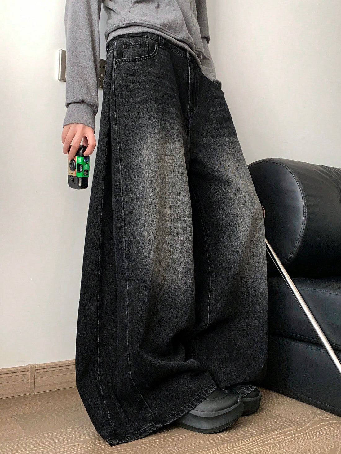 Black Washed Wide Leg Denim Pants