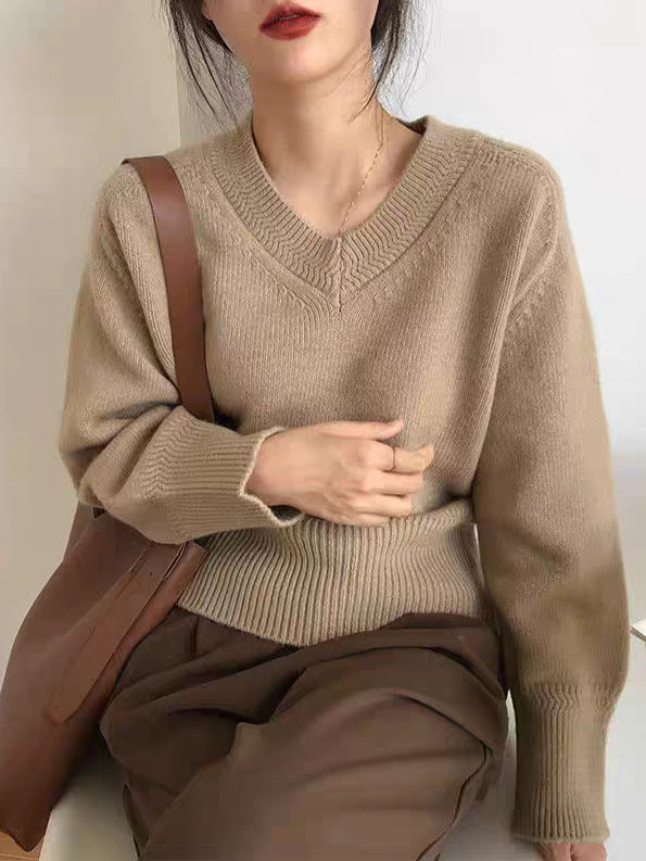 Women V-Neck Solid Color Long Sleeve Sweater Loose Fit Pullover