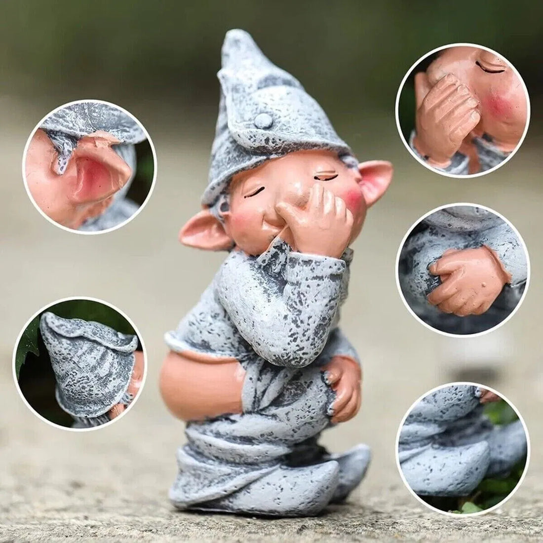 Pooping garden gnome statue with close-up details of face, hands and bottom