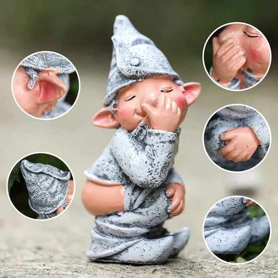 Pooping garden gnome statue with close-up details of face, hands and bottom