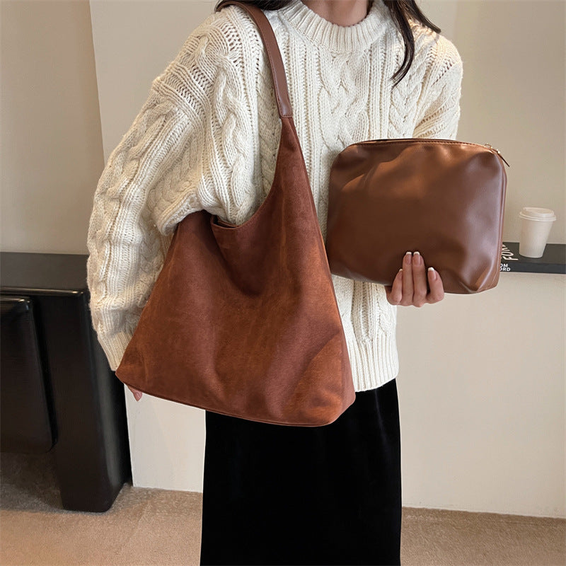 Retro Soft Suede Magnetic Buckle Large Capacity Bucket Shoulder Bag for Women