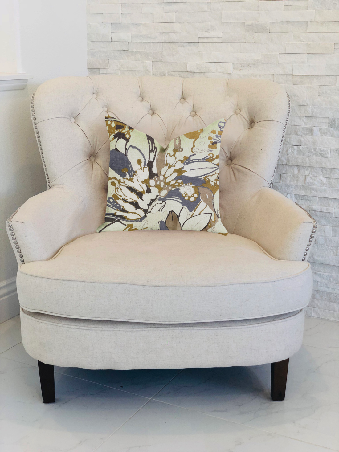 Plutus Camellia Floral Blue, Beige Tones Luxury Throw Pillow