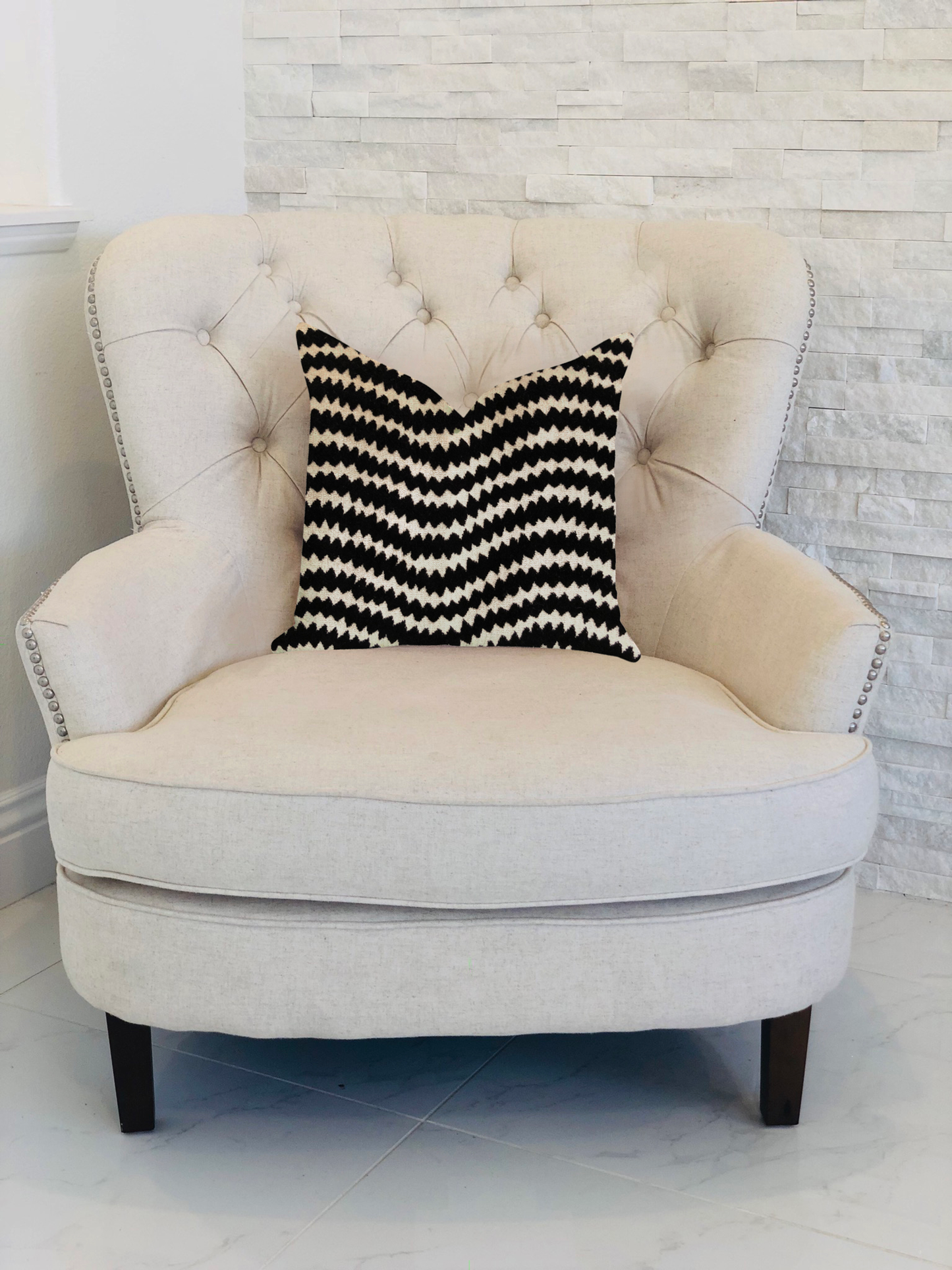 Plutus Jagged Fringe Luxury Throw Pillow in Black and Beige