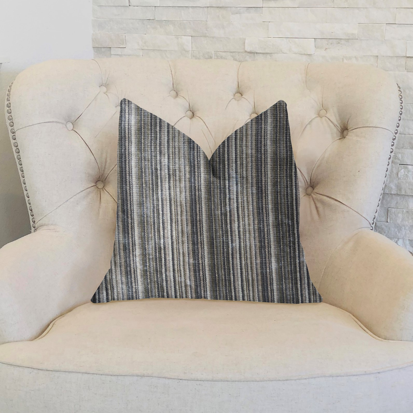 Plutus New Hampton Ivory and Blue Luxury Throw Pillow