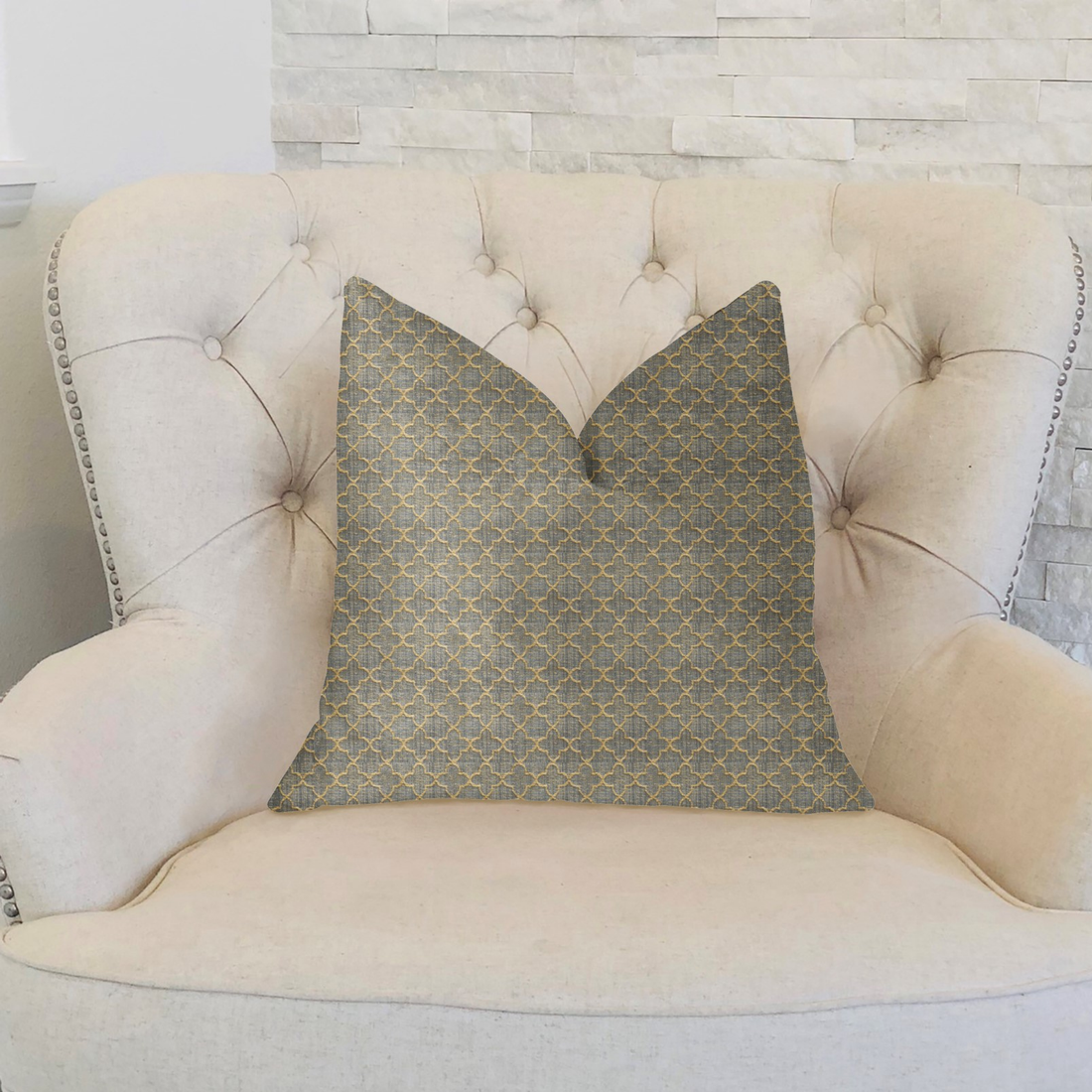 Plutus Golden Clove Blue and Beige Luxury Throw Pillow