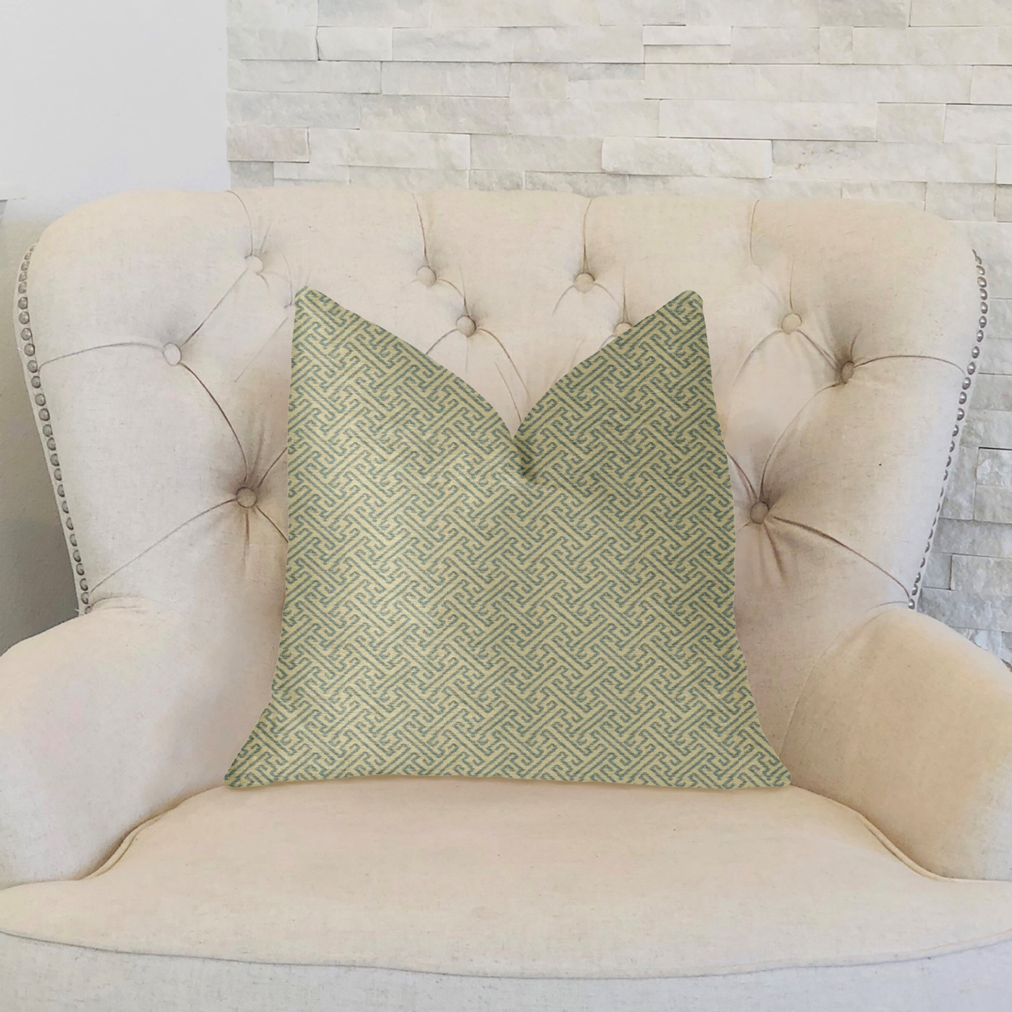 Plutus Alpine Maize Blue and Beige Luxury Throw Pillow