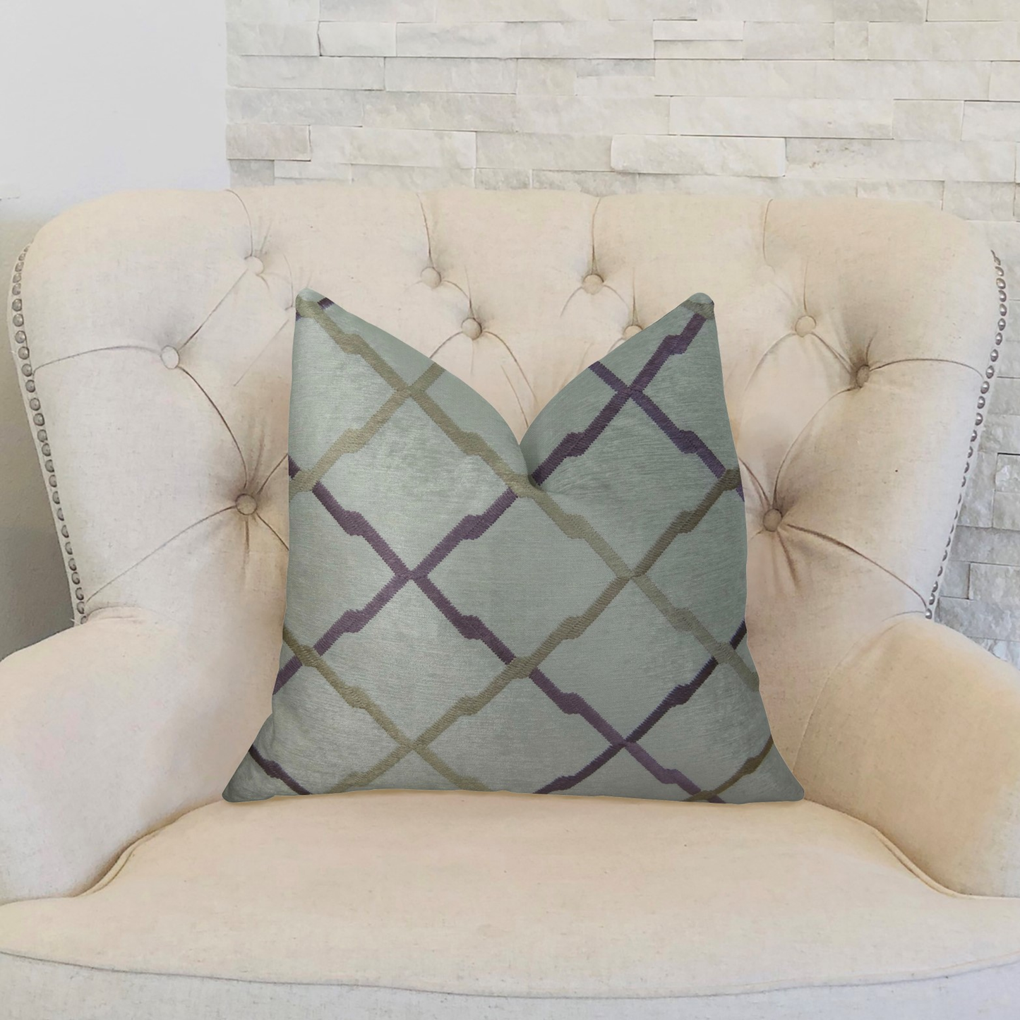 Plutus Valencia White Purple and Taupe Handmade Luxury Pillow