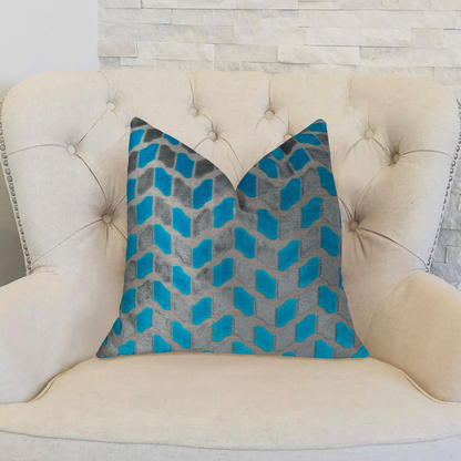 Plutus Castle Crest Turquoise and Gray Handmade Luxury Pillow