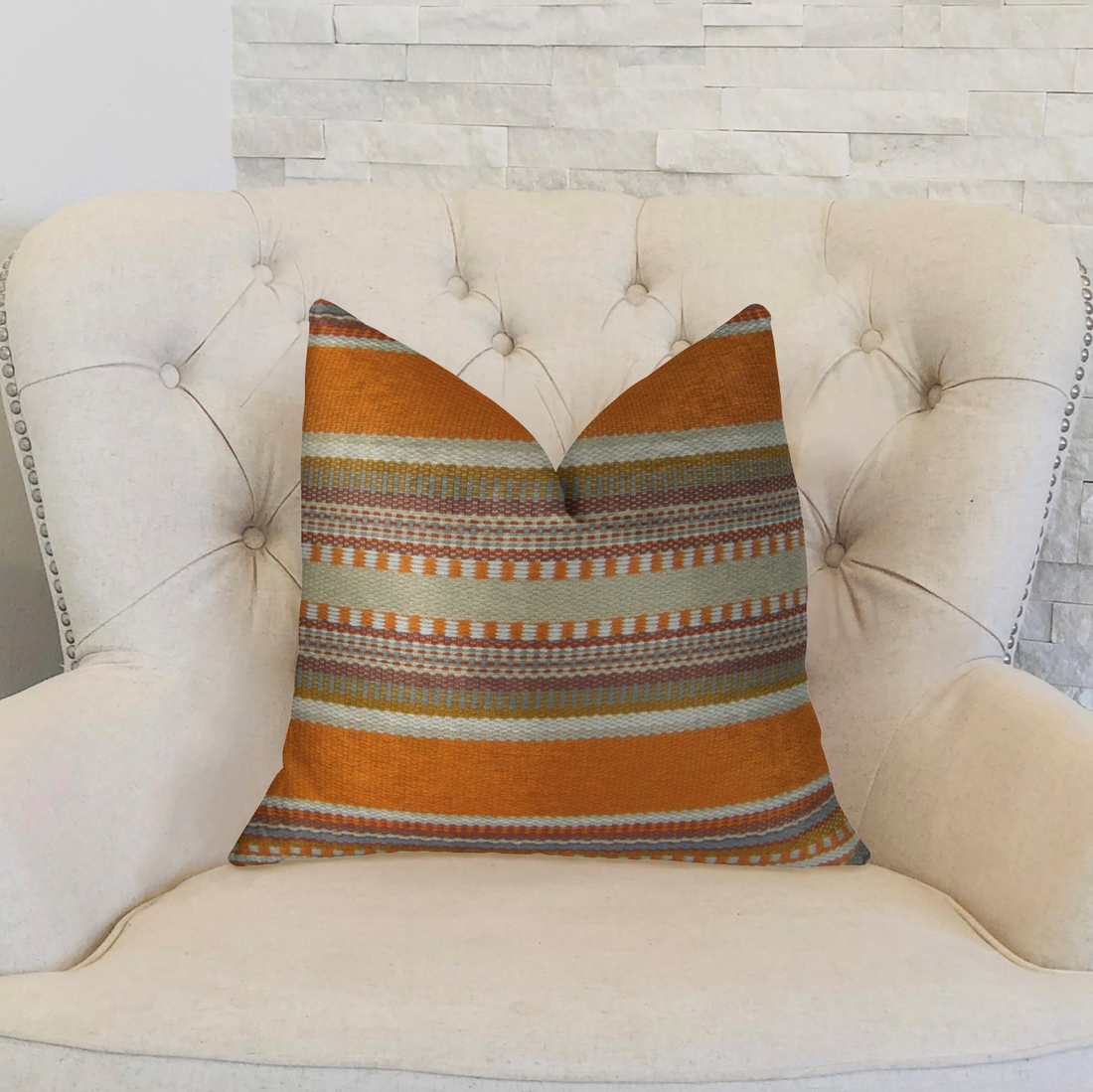 Plutus South Shore Amber Orange Olive and Cream Handmade Luxury Pillow