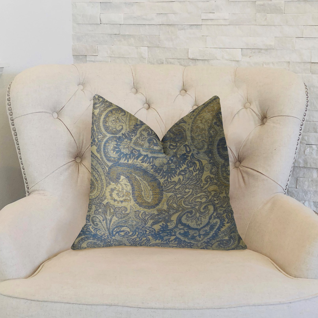 Plutus Myrtle Navy Blue and Taupe Handmade Luxury Pillow