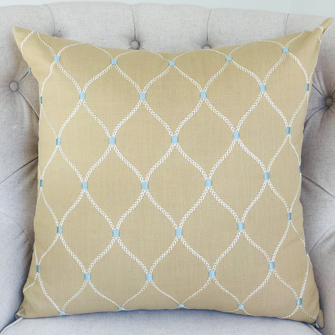 Plutus Abby Taupe White and Blue Handmade Luxury Pillow